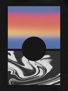 Grafik mit einer schwarzen Kugel vor einem bunten Himmel und einem schwarz-weißen, marmorierten Hintergrund.