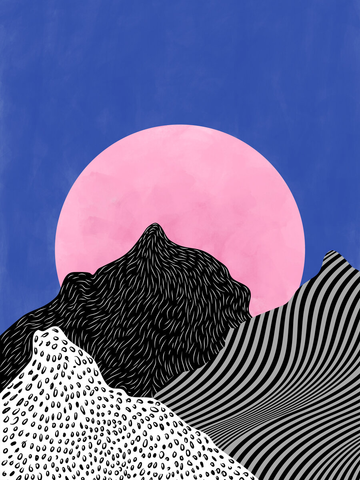 Grafik mit rosa Kreis hinter schwarz-weiß gemustertem Berg und blauem Himmel.