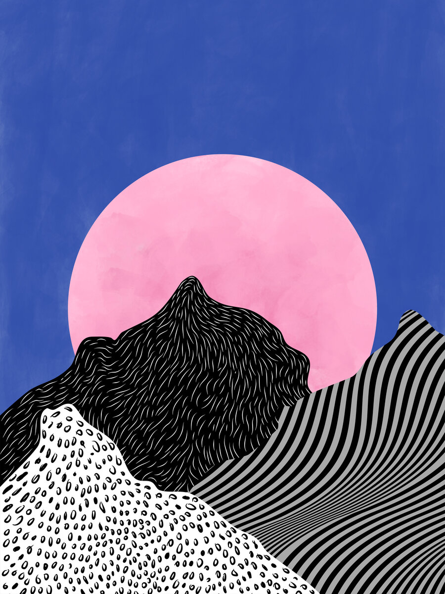 Grafik mit rosa Kreis hinter schwarz-weiß gemustertem Berg und blauem Himmel.