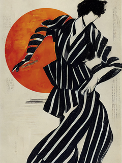 Frau in einem schwarz-weiß gestreiften Kleid vor einem orangefarbenen Kreis auf beigem Hintergrund.