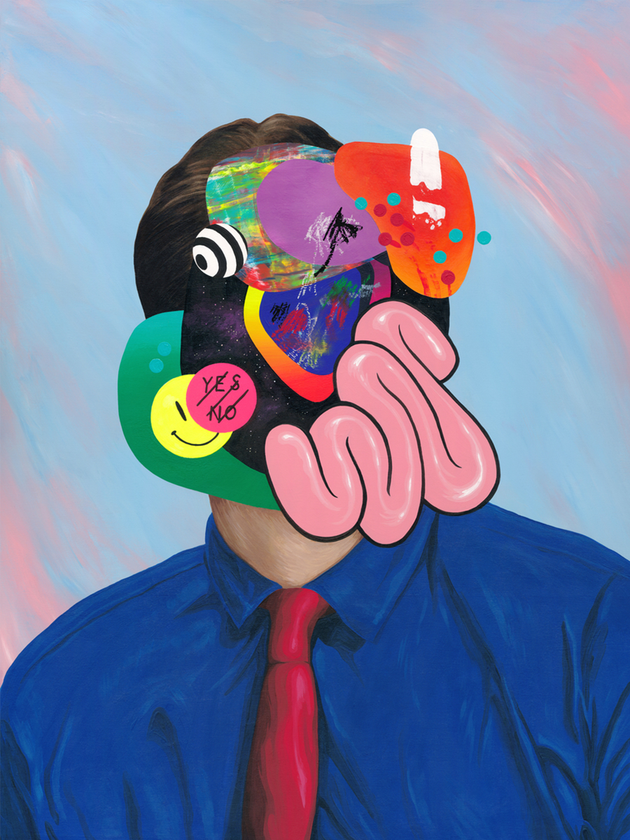 Ein Mann in einem blauen Hemd mit einem Gesicht aus bunten Formen und Objekten.