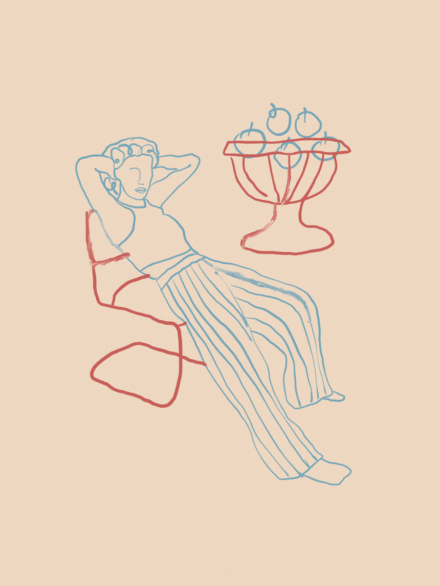 Illustration einer entspannten Frau auf einem Stuhl mit einer Obstschale daneben, in Rot und Blau auf beigefarbenem Hintergrund.