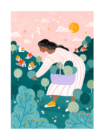Illustration einer Frau in einem Garten mit bunten Bäumen und kleinen Häusern.