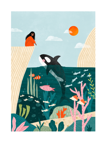 Illustration einer Frau in einem roten Kleid, die auf einem Steg sitzt und auf einen Orca im Meer schaut, umgeben von bunten Fischen und Korallen.