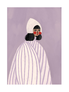 Illustration einer Frau mit weißer Haube und gestreiftem Mantel vor lila Hintergrund.