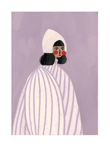 Illustration einer Frau mit weißer Haube und gestreiftem Mantel vor lila Hintergrund.