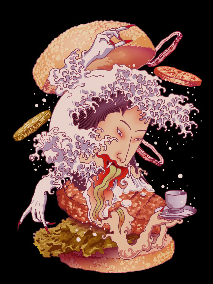 Illustration eines Burgers kombiniert mit der berühmten Welle aus Hokusais Gemälde.