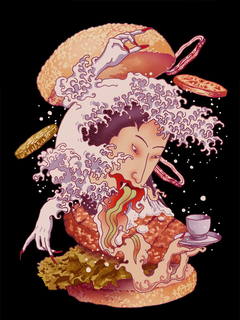 Illustration eines Burgers kombiniert mit der berühmten Welle aus Hokusais Gemälde.