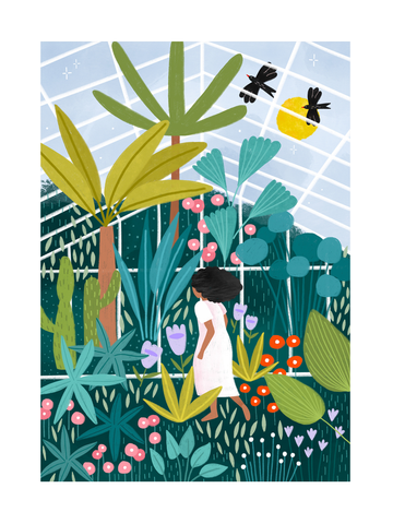 Illustration einer Frau in einem weißen Kleid in einem Gewächshaus mit Pflanzen und Vögeln.