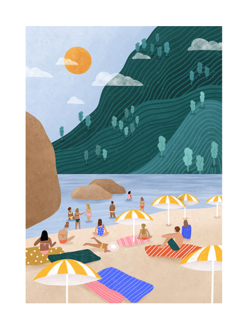 Illustration eines Strandes mit gelb-weiß gestreiften Sonnenschirmen und Menschen, die sich entspannen.