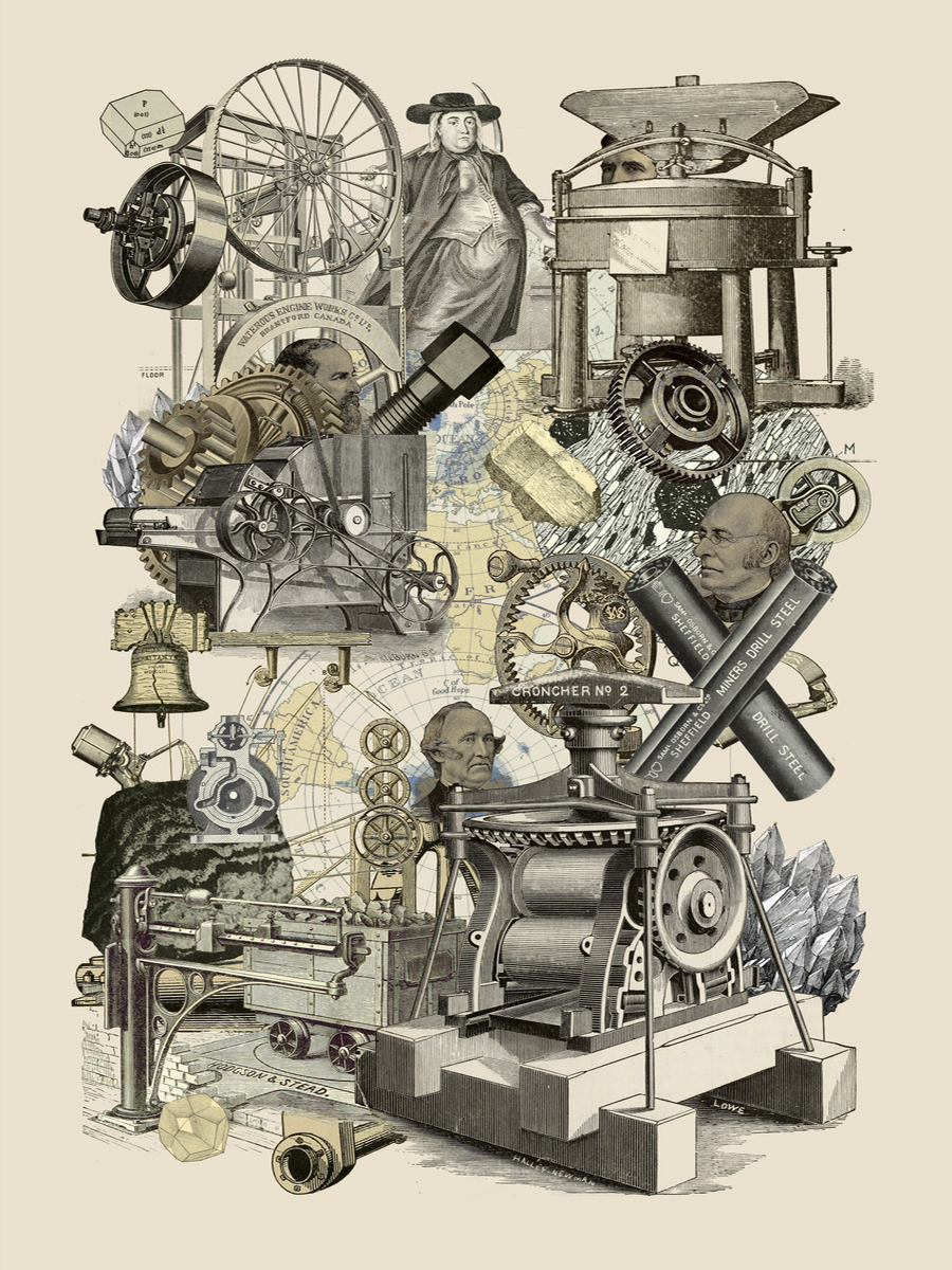 Collage von Maschinen und technischen Zeichnungen auf beigem Hintergrund.