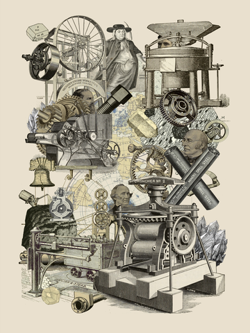 Collage von Maschinen und technischen Zeichnungen auf beigem Hintergrund.