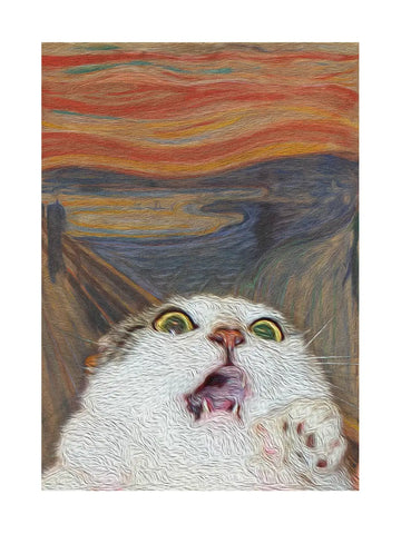 Poster einer erschrockenen Katze vor einem Hintergrund aus orangefarbenen und blauen Strichen.