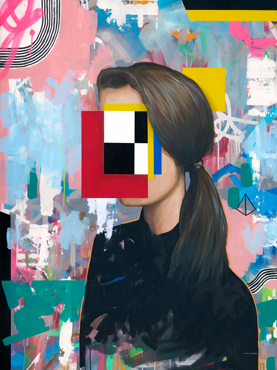 Abstrakte Darstellung einer Person mit geometrischem Gesicht vor einem bunten Hintergrund.