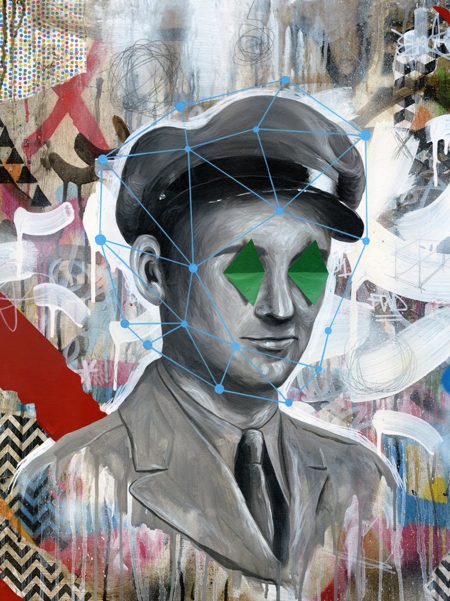 Porträt eines Mannes in Uniform mit geometrischen Formen und buntem, abstraktem Hintergrund.
