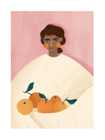 Illustration einer Frau in einem weißen Kleid mit Orangen vor einem rosa Hintergrund.