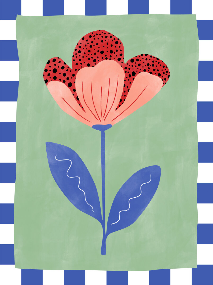Poster mit einer bunten Blume in Rot und Rosa mit blauen Blättern vor einem grün gemusterten Hintergrund.