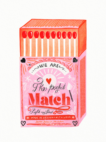 Illustration einer rosa und roten Streichholzschachtel mit dem Text "We are the perfect match".