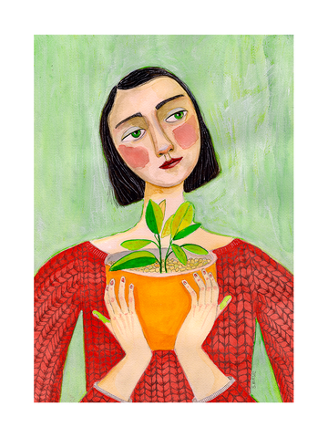 Illustration einer Frau mit schwarzem Haar und grünem Pullover, die eine Pflanze in einem orangefarbenen Topf hält.