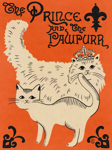 Illustration von zwei Katzen auf einem orangefarbenen Hintergrund mit schwarzem Text "The Prince and the Paupurr".
