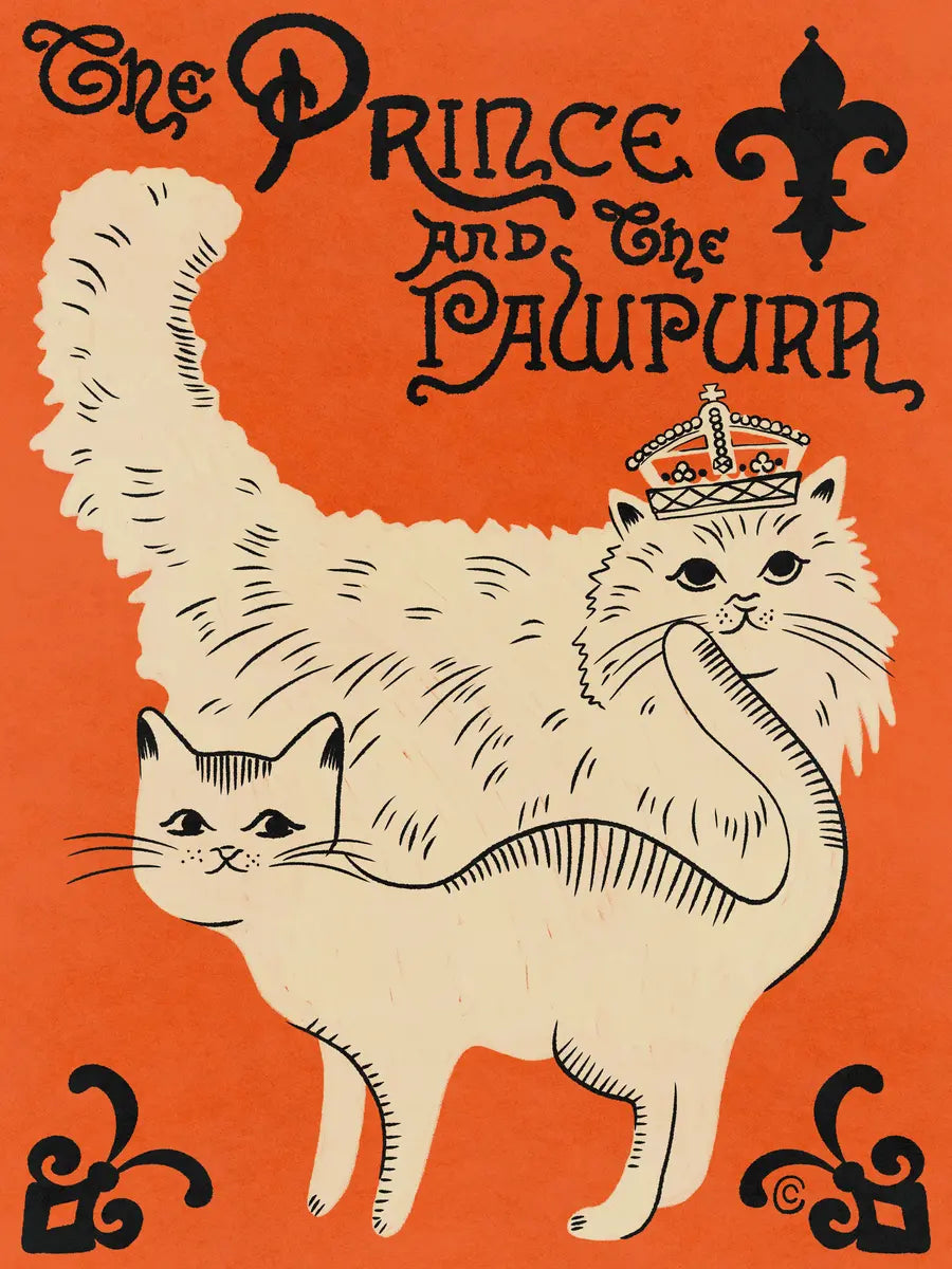 Illustration von zwei Katzen auf einem orangefarbenen Hintergrund mit schwarzem Text "The Prince and the Paupurr".