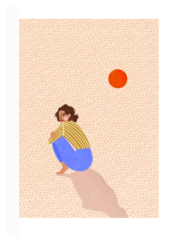 Illustration einer Person in blauer Hose und gestreiftem Oberteil vor einem beigen, gepunkteten Hintergrund mit einem roten Kreis darüber.