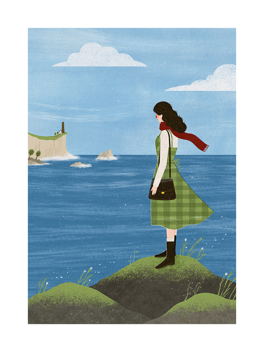 Illustration einer Frau im grünen Kleid mit rotem Schal, die auf einer Klippe steht und aufs Meer blickt.