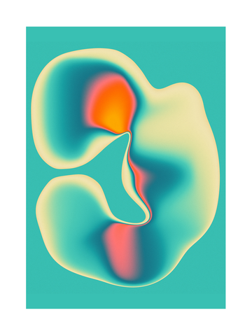 Abstrakte gelbe Form mit roten, rosafarbenen und blauen Details auf türkisfarbenem Hintergrund.
