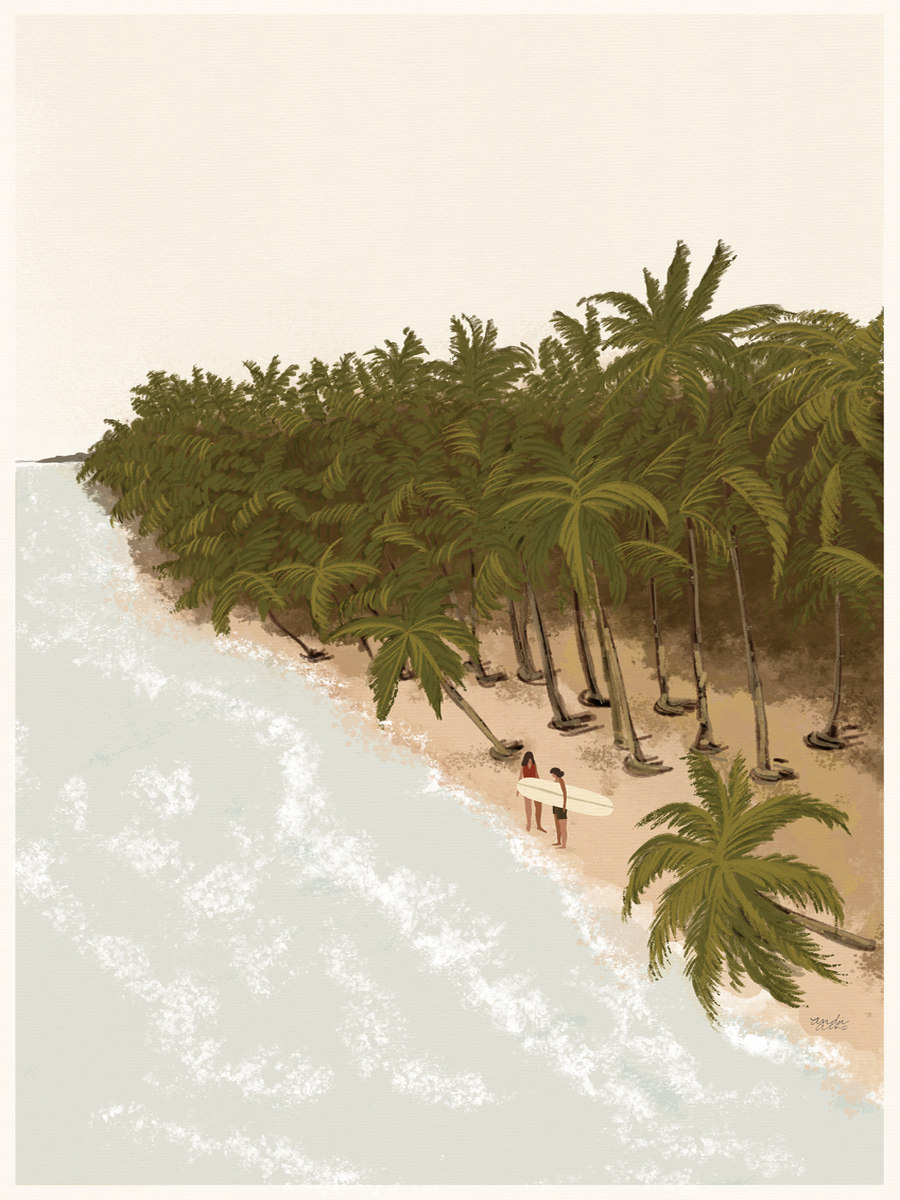 Illustration von zwei Surfern am Strand mit Palmen.