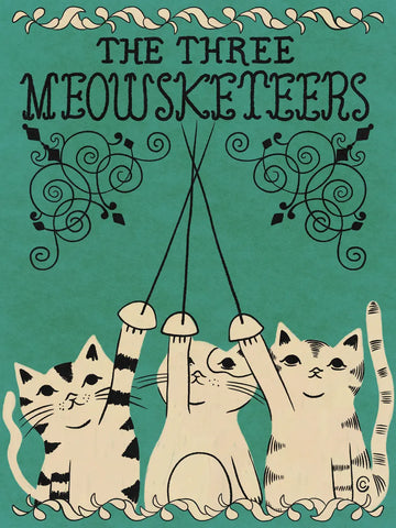 Illustration von drei Kätzchen mit dem Text "The Three Meowsketeers" auf grünem Hintergrund.