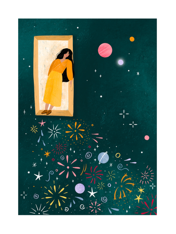 Illustration einer Frau in einem gelben Kleid, die in einer Tür steht und in den Weltraum schaut, mit einem dunkelgrünen Hintergrund.