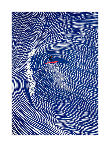 Ein Surfer auf einem roten Surfbrett reitet eine große blaue Welle mit weißen Linien.