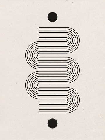 Abstraktes Muster mit schwarzen Linien und Kreisen auf beigem Hintergrund.