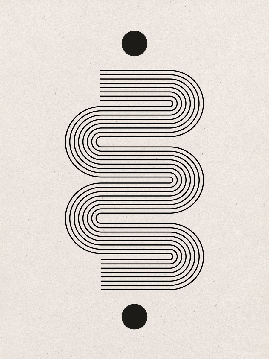 Abstraktes Muster mit schwarzen Linien und Kreisen auf beigem Hintergrund.