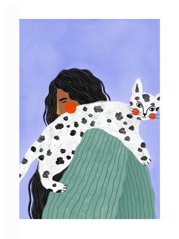 Illustration einer Frau mit einer Katze auf der Schulter vor einem lila Hintergrund.