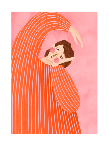 Illustration einer Frau in einem leuchtend orange gestreiften Hemd vor einem rosa Hintergrund.