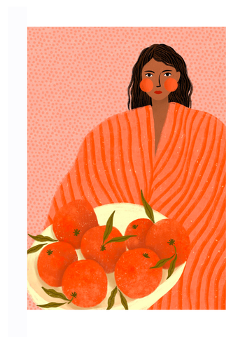 Illustration einer Frau in einem orange-gestreiften Kleid mit einer Schale Orangen vor einem gepunkteten Hintergrund.