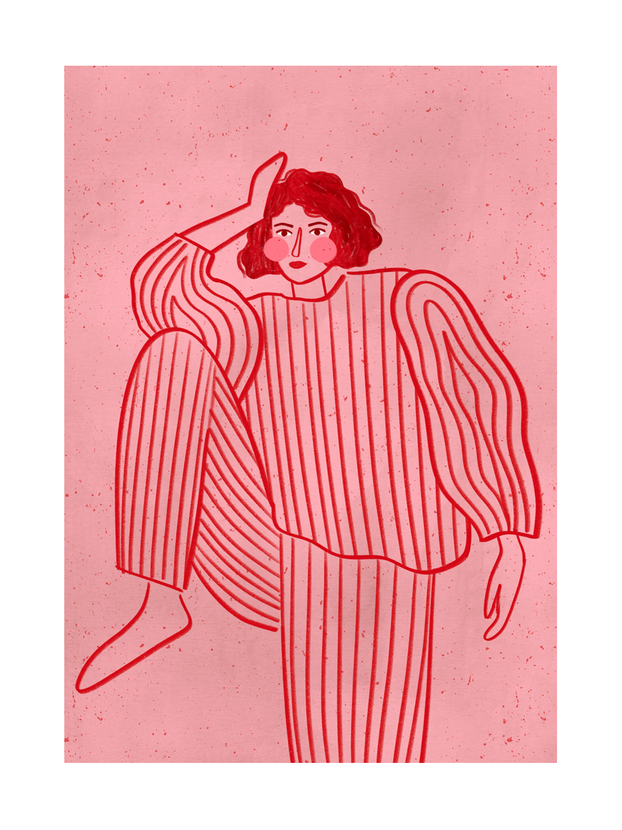 Illustration einer Frau in einem gestreiften Anzug auf rosafarbenem Hintergrund.