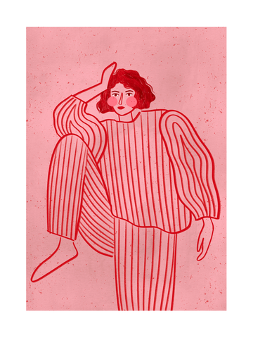 Illustration einer Frau in einem gestreiften Anzug auf rosafarbenem Hintergrund.