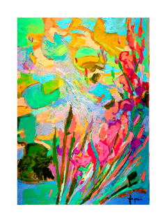 Abstraktes Poster mit leuchtenden Farbtupfern in Gelb, Türkis, Rosa, Rot und Grün, akzentuiert durch schwarze Linien.