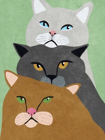 Drei stilisierte Katzen in verschiedenen Farben vor einem grünen Hintergrund.