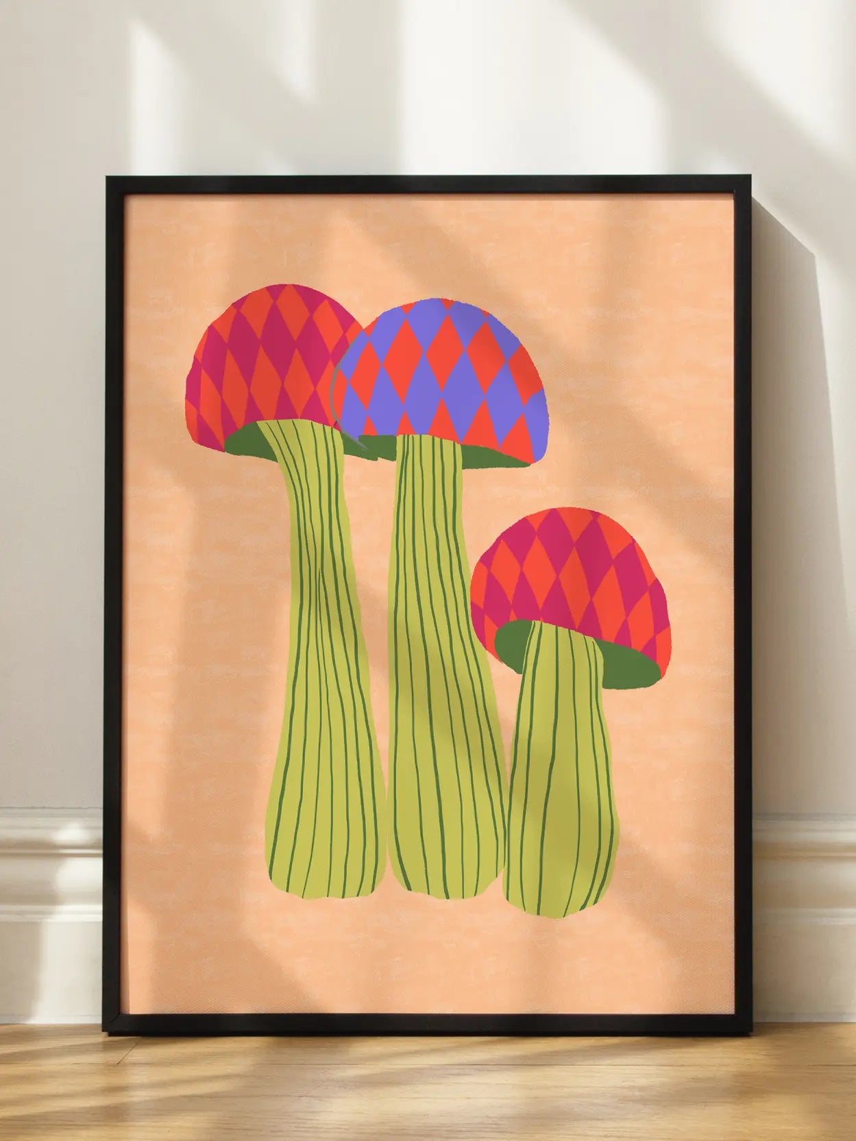 Three Colorful Patterned Mushrooms