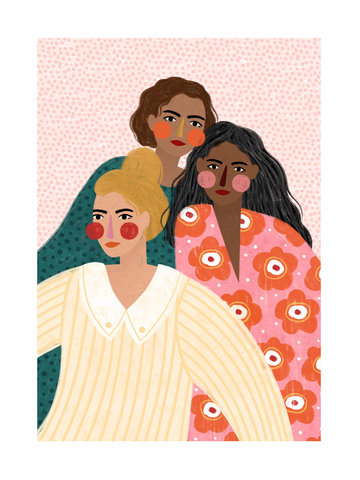 Illustration von drei Frauen in gemusterten Kleidern vor einem rosa gesprenkelten Hintergrund.