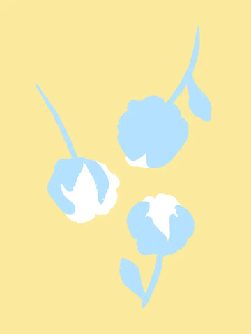 Drei hellblaue Blütenknospen auf einem hellgelben Hintergrund in einem minimalistischen Stil.