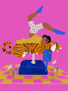 Illustration einer Frau auf einem Klettergerüst mit einem Tiger und einem blauen Briefkasten vor pinkem Hintergrund.