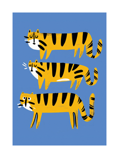 Drei stilisierte Tiger auf blauem Hintergrund.
