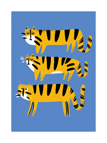 Drei stilisierte Tiger auf blauem Hintergrund.