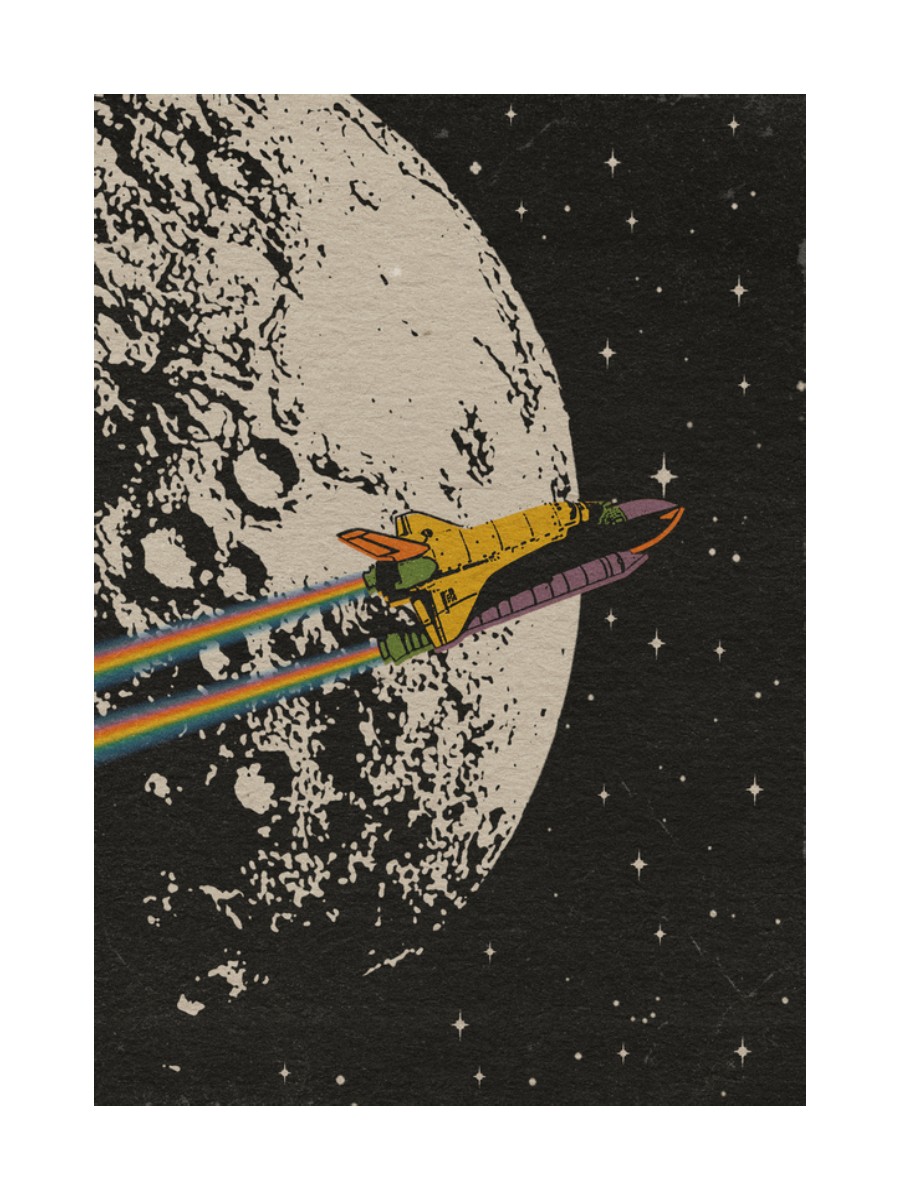 Illustration einer Rakete, die vor dem Mond und Sternen fliegt, mit einem Regenbogenstrahl.