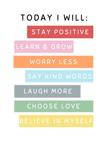 Typografieposter mit positiven Affirmationen in verschiedenen Farben.