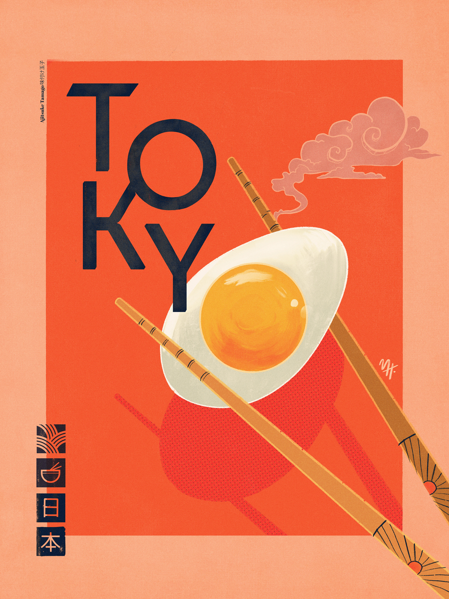 Illustration einer Schüssel Ramen mit Ei und Essstäbchen, orangefarbener Hintergrund, schwarzer Text "Tokyo".